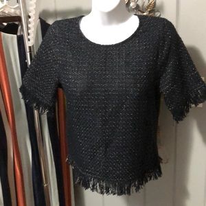 Lost April Navy and fold knit fringe top size sm